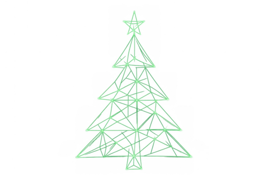 Christmas tree outline wireframe graphic on transparent background, glowing green digital geometry design with star