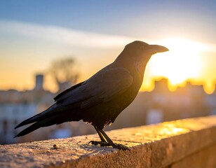 A black bird perched on a wall, silhouetted by the setting sun
