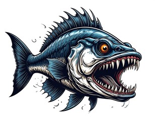 A stylized, ferocious fish with open jaws and sharp teeth, isolated