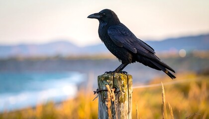 A black bird perched atop a wooden post near a shoreline