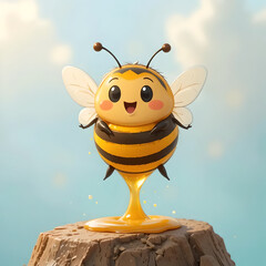 Cheerful Cartoon Bee Dripping Sweet Honey on a Sunny Day