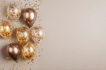 Background with beige brown color balloons, sparkles for celebration party. Shiny balloon bunch. Festive neutral plain backdrop. Horizontal banner. Birthday pastel decoration. Space for greeting text