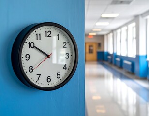 A black-rimmed wall clock against a blue wall, hallway in background
