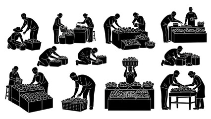 People picking fruits and vegetables silhouette pictogram with baskets and stalls outlined, minimal vector illustration