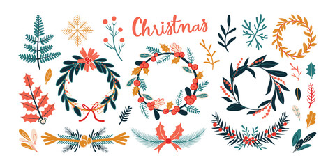 Set of isolated Christmas wreath and decoration elements in red, green and yellow colors for holiday seasonal on transparent background.