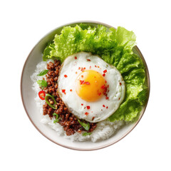 Bowl of rice topped with meat, egg, and lettuce. Overhead shot