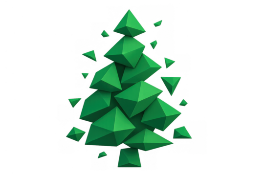 Abstract geometric christmas tree, low poly spruce shape forming modern holiday design on transparent background
