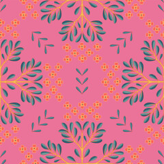 Ornamental design in pink and turquoise tones. Floral patterns in hermetic molds.