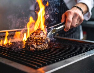 Chef grilling a succulent piece of meat over an open flame on a barbecue grill, creating a delicious meal