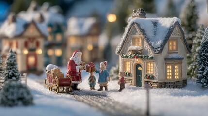 Naklejka premium Magical snowy Christmas village scene with Santa Claus giving gifts to happy children festive holiday winter night miniature town lights cozy family celebration atmosphere
