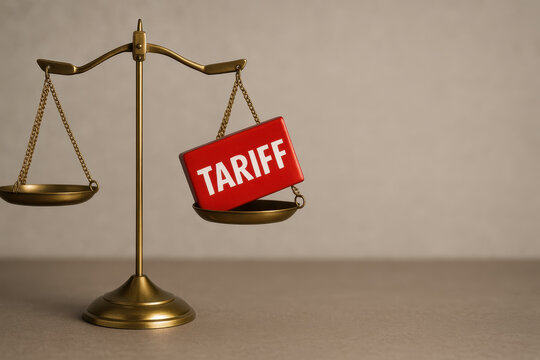 Red block with tariff text on balance scale symbolizing global trade tariffs impact on economy and market balance in international commerce and financial regulation - Powered by Adobe