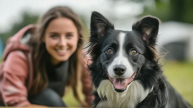 A joyful woman kneels next to her border collie in a sunny outdoor park. They share smiles, capturing a bond of friendship and excitement. The playful energy brings warmth to the scene.