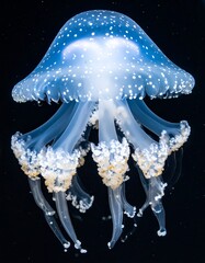 A blue and white spotted jellyfish suspended in the dark sea