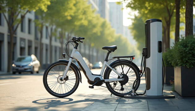 Electric bicycle stands near charging station in urban environment. E-bike is parked on city street. Sustainable transport tech for green eco-friendly commuting. Modern zero emission future mobility.