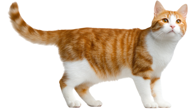 ginger cat walking forward domestic orange feline with tail up cute pet animal movement isolated on white background