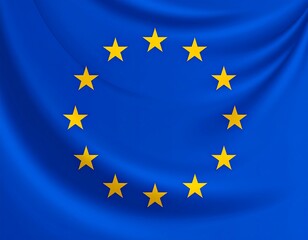 A blue draped flag with yellow stars forming a circular pattern