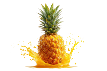 Ripe pineapple on black, orange splash around the bottom