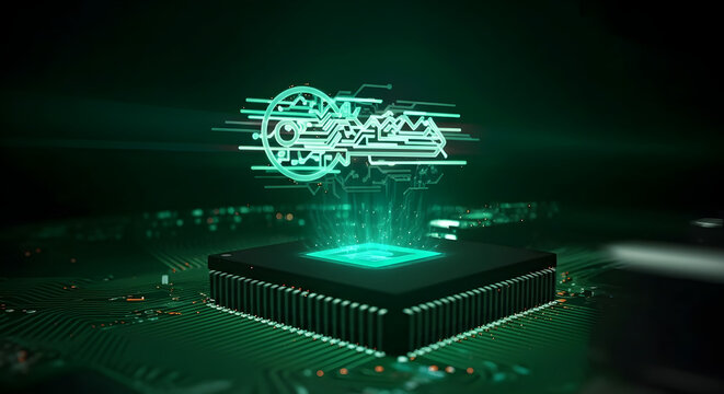 A glowing key hovers above a microchip on a circuit board, representing cybersecurity