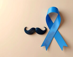 A blue ribbon and a stylized black mustache on a beige backdrop