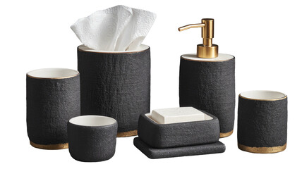 Matte black ceramic bathroom set w/ gold accents soap, lotion, tissues