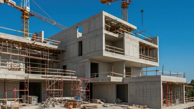 Modern concrete building construction under blue sky with cranes