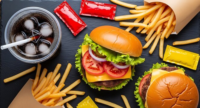 Delicious fast food meal with burger fries and refreshing soda drink - Powered by Adobe