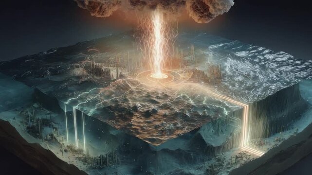 Genesis of Power: An awe-inspiring representation of celestial energy cascading upon an abstract earth cube, forging the elements and fostering growth. A visual metaphor of creation and inception.