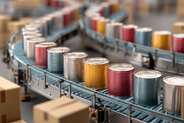 Canned food products moving on conveyor belt in distribution facility during packing process at warehouse