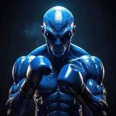 A blue-skinned, muscular extraterrestrial ready to fight in a boxing pose