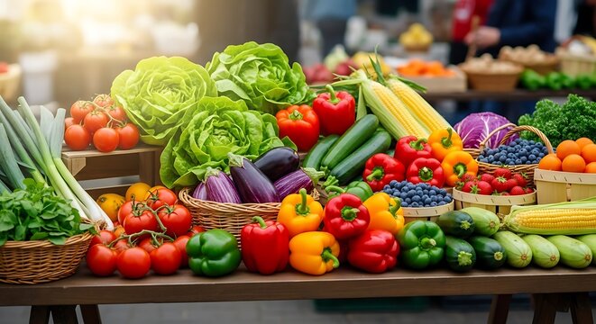 Fresh colorful vegetables and fruits at farmers market for healthy lifestyle - Powered by Adobe