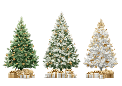 Christmas trees, green, white & gold, presents under