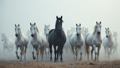 Obraz premium Black horse leads large herd of white horses galloping through misty field. Wild animals run towards viewer creating dust. Majestic equine group shows power, freedom, contrast, unity, leadership.