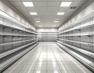 Empty supermarket aisle featuring a long perspective and overhead lighting