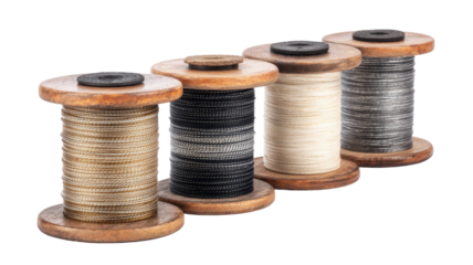 fishing line spools stacked colorful nylon and braided threads outdoor gear angling equipment isolated on white background close up