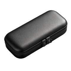 Rectangular black case with zipper closure on dark backdrop