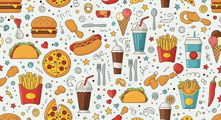 Seamless pattern with different fast food items vector art illustration