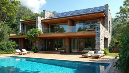Fototapeta premium Modern eco house illustration with solar panels and pool. Stone house with wooden terrace exterior. Sunbeds are near blue water. Luxury villas with renewable energy source offers comfort