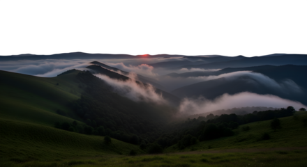 Mountain landscape with fog and clouds at sunset isolated on transparent background