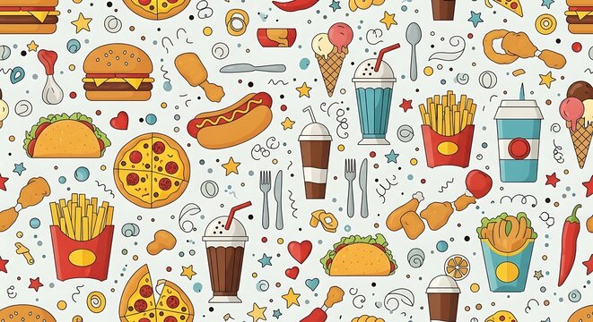 Seamless pattern with different fast food items vector art illustration