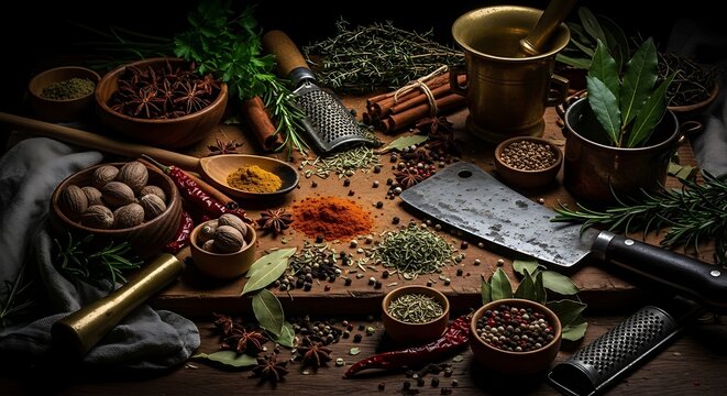 Variety of aromatic culinary spices and herbs displayed on rustic wood