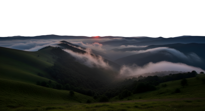 Mountain landscape with fog and clouds at sunset isolated on transparent background - Powered by Adobe