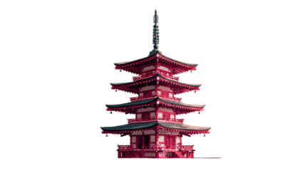 A maroon stylized Japanese pagoda stands alone displaying traditional Asian architecture and elegant cultural artistry on white background