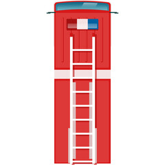 Red Fire Truck Top Down View With White Ladder and Blue Light Bar Isolated on Transparent Background