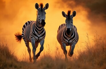 Fototapeta premium Two zebras run through tall grass at sunset. Zebras move fast towards camera. Black, white striped animals in savanna at golden hour. Wildlife scene with motion blur. Africa landscape with wild