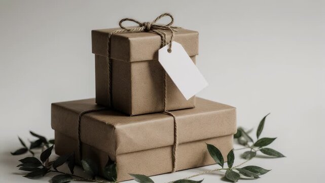 Stacked brown paper gifts, tied with twine, accenting greens, and a blank white tag