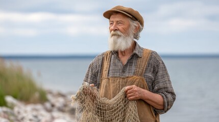 Fototapeta premium Elderly Fisherman Mending Fishing Net by Serene Shoreline with Calm Waters and Cloudy Sky Perfect for Nature and Maritime Themes