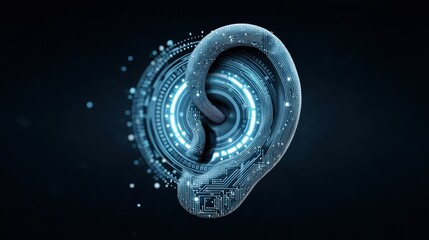 Glowing Digital Ear Structure with Circuit Patterns Representing Advanced Technology and Data Processing in a Futuristic Setting