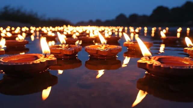 floating lit diyas on water river at night festival