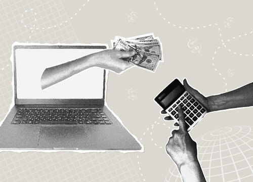 Online transactions and financial settlements concept. Trendy halftone collage. Concepts for monetary rewards, salary increases, career advancement, and investments. Vector illustration.