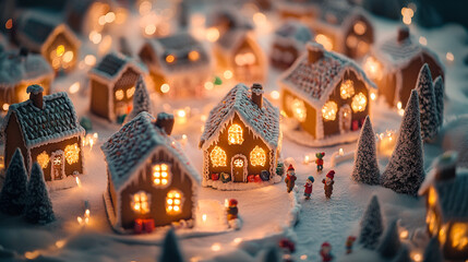 Miniature gingerbread houses village glowing with warm light creating a festive Christmas scene